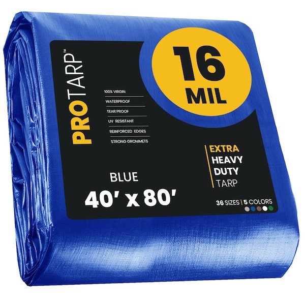 Protarp Heavy Duty Tarp, 40 ft x 80 ft, 16 Mil, Blue, Polyethylene PT-105-40X80 - main